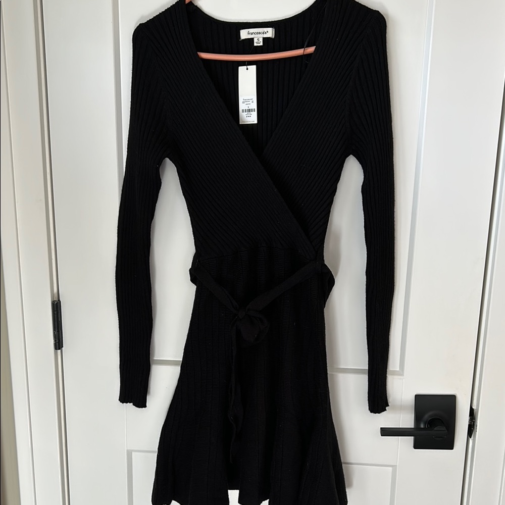 Black faux wrap dress new w/tags. Sweater with belt and ruffle hem. Size Small